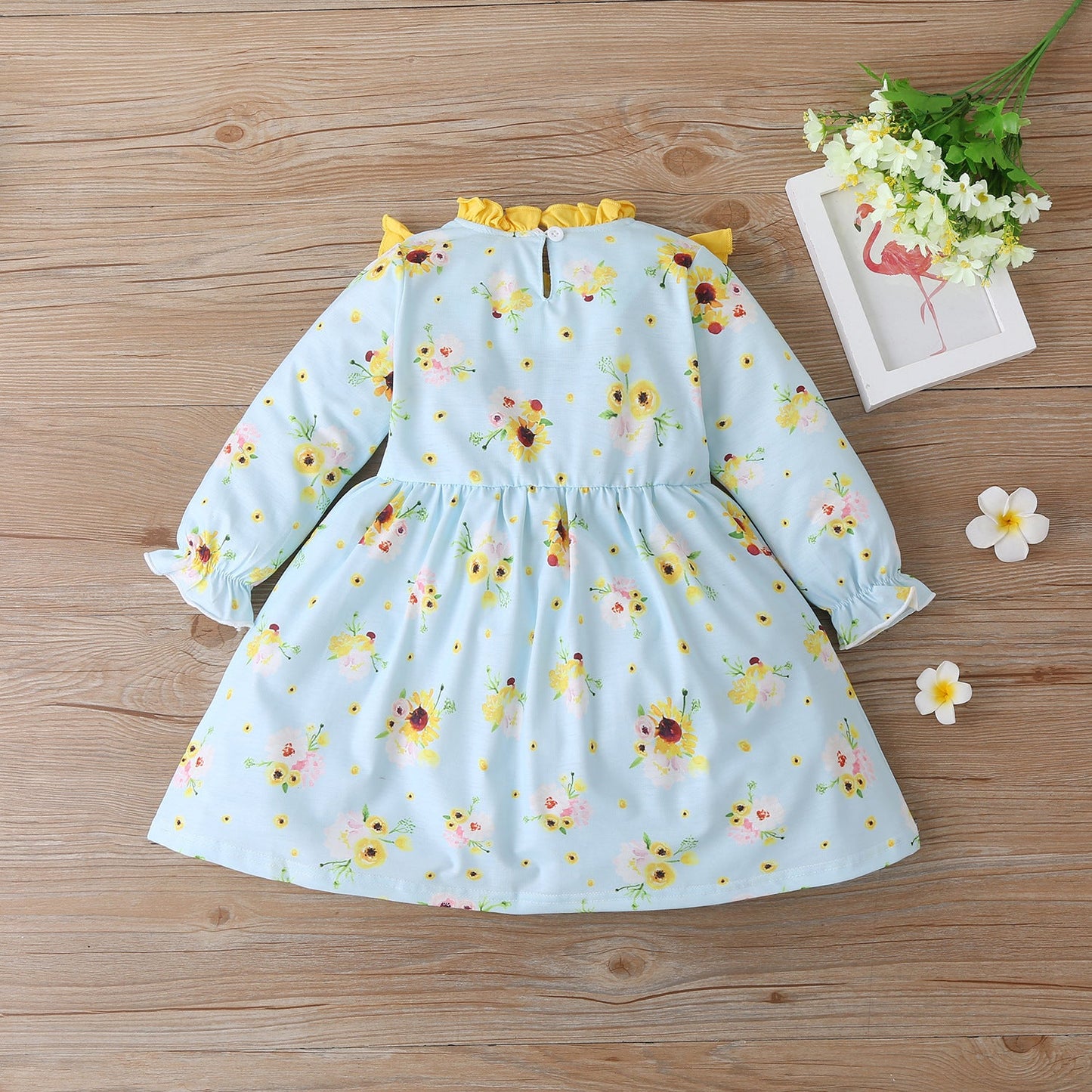 Sunflower Print Long Sleeve Princess Dress Cute Long Sleeve Dress For Girls - Amazhona 