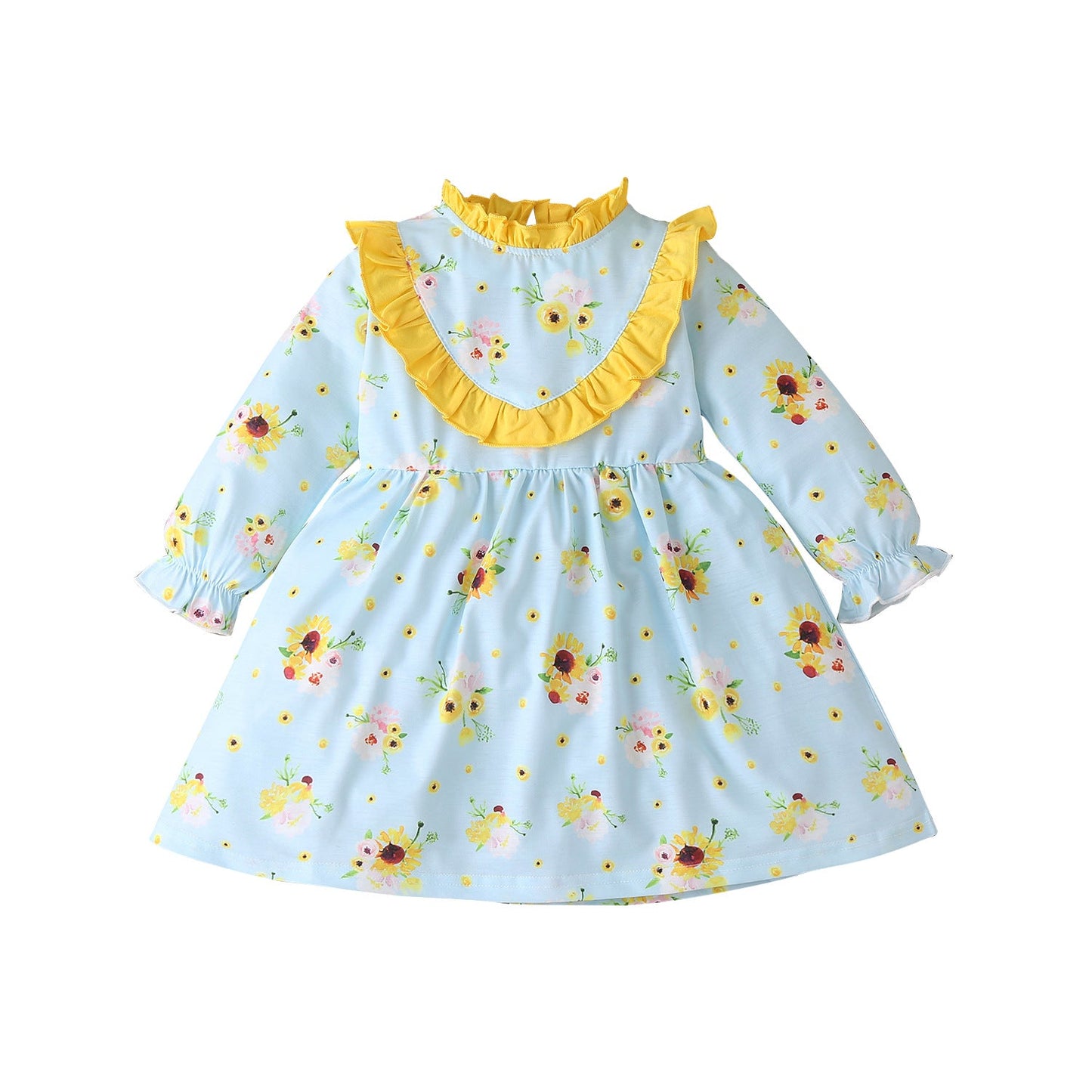 Sunflower Print Long Sleeve Princess Dress Cute Long Sleeve Dress For Girls - Amazhona 