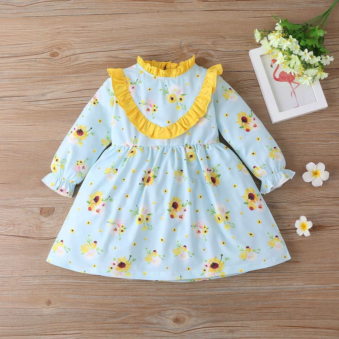 Sunflower Print Long Sleeve Princess Dress Cute Long Sleeve Dress For Girls - Amazhona 