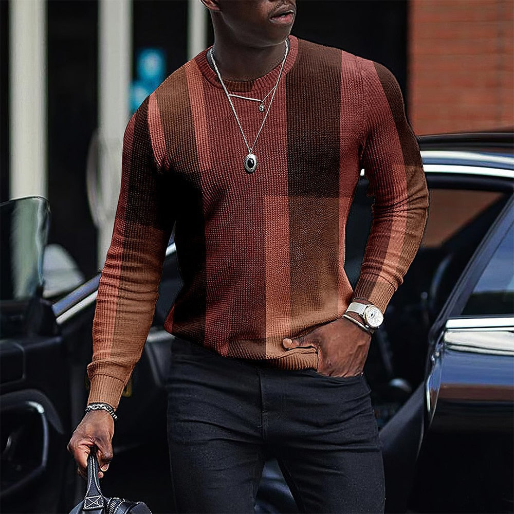 Sweater Mens Long Sleeve Tops Thermal Underwear Tops Casual Patchwork Plaid Knitwear Fashion Man Round Neck Jumpers Pullover - Amazhona 