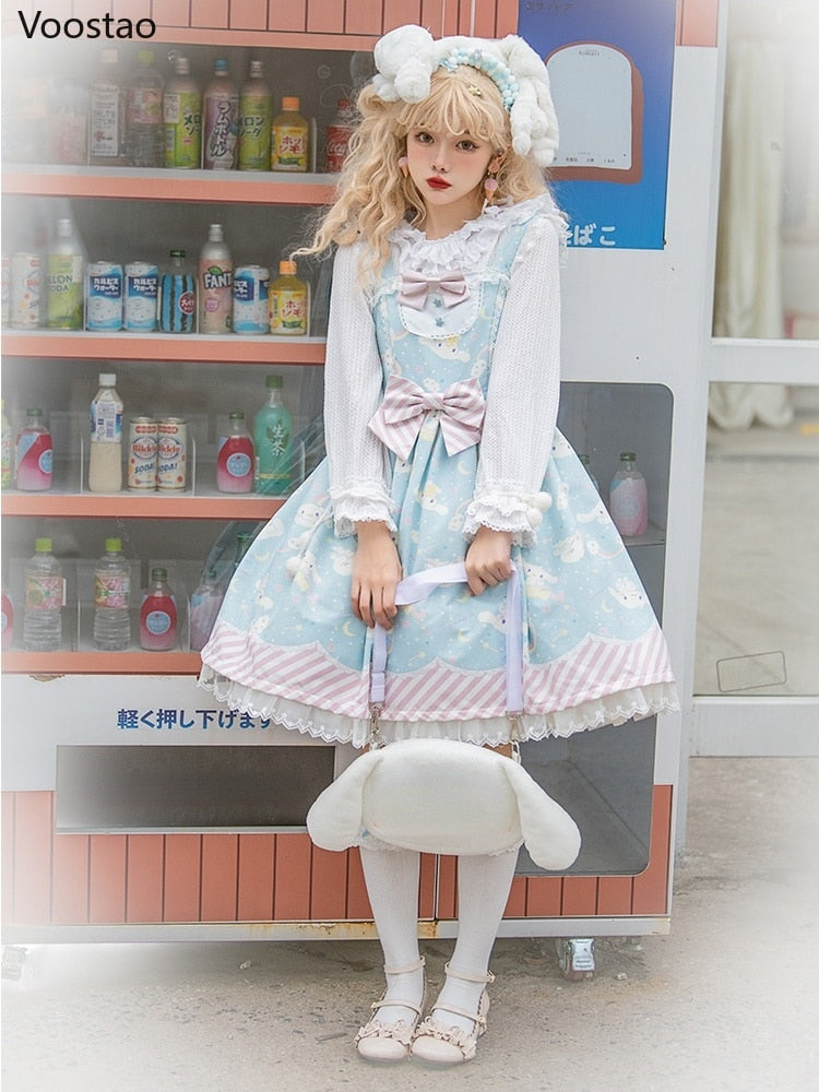 Sweet Lolita Style Cartoon Print Princess Dress Women Cute Bow Lace Party Strap Dresses Girly Harajuku Kawaii Y2k Mini Vestidos - Amazhona 