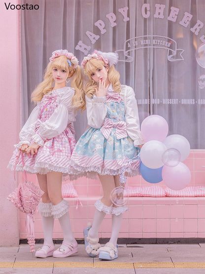 Sweet Lolita Style Cartoon Print Princess Dress Women Cute Bow Lace Party Strap Dresses Girly Harajuku Kawaii Y2k Mini Vestidos - Amazhona 