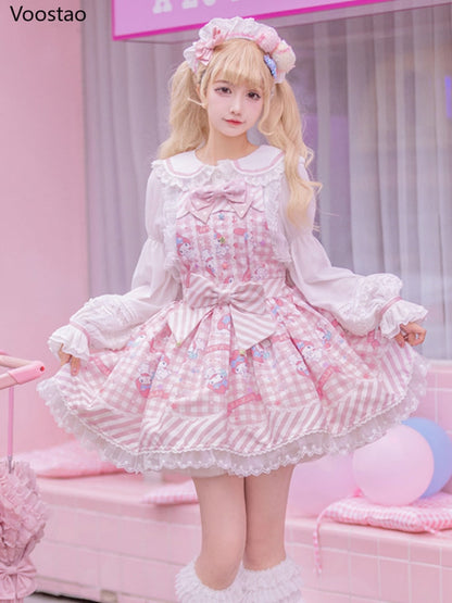 Sweet Lolita Style Cartoon Print Princess Dress Women Cute Bow Lace Party Strap Dresses Girly Harajuku Kawaii Y2k Mini Vestidos - Amazhona 