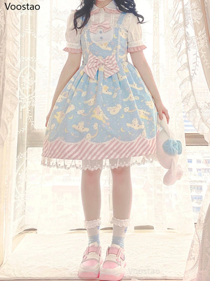 Sweet Lolita Style Cartoon Print Princess Dress Women Cute Bow Lace Party Strap Dresses Girly Harajuku Kawaii Y2k Mini Vestidos - Amazhona 