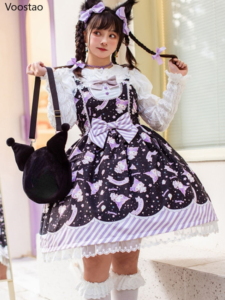 Sweet Lolita Style Cartoon Print Princess Dress Women Cute Bow Lace Party Strap Dresses Girly Harajuku Kawaii Y2k Mini Vestidos - Amazhona 