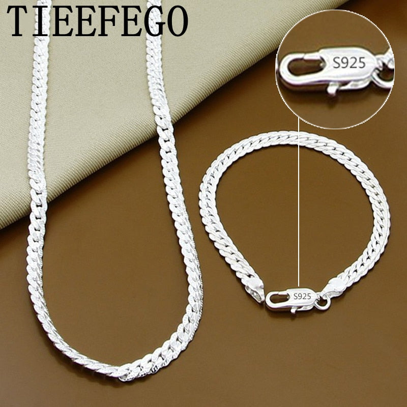 TIEEFEGO S925 Sterling Silver 2 Piece 5MM Full Sideways Chain Necklace Bracelet For Women Men Fashion Jewelry Sets Wedding Gift - Amazhona 