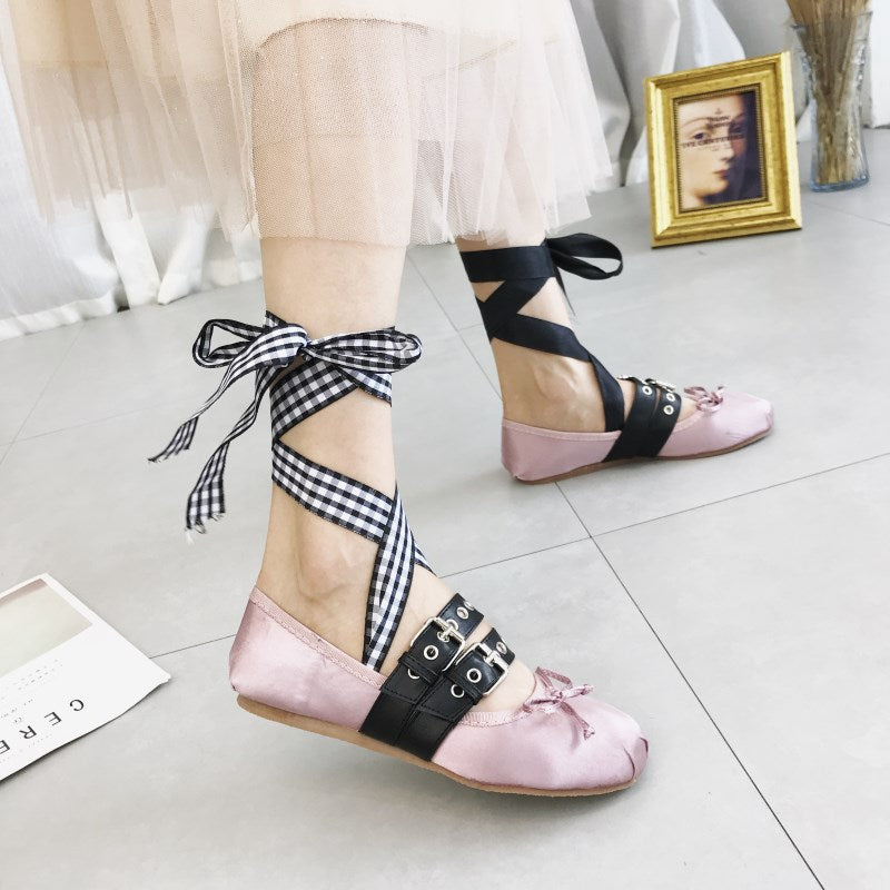 TINGHON Classic Silk Ballet Shoes Lace up Ballet Shoes Women Round Toe Bowtie Women Flats Elegant Valentine Shoes - Amazhona 