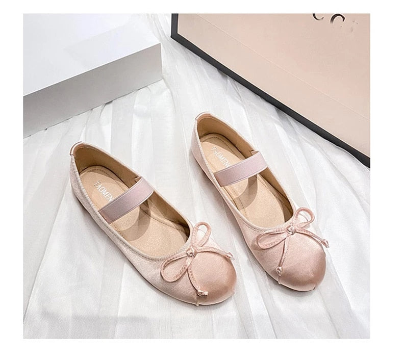 TINGHON Classic Silk Ballet Shoes Lace up Ballet Shoes Women Round Toe Bowtie Women Flats Elegant Valentine Shoes - Amazhona 