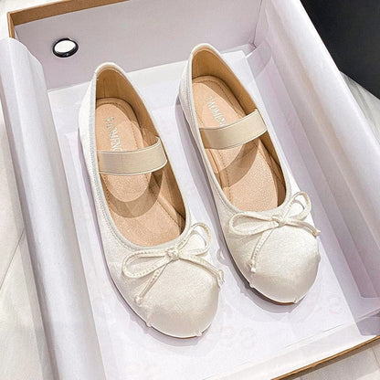 TINGHON Classic Silk Ballet Shoes Lace up Ballet Shoes Women Round Toe Bowtie Women Flats Elegant Valentine Shoes - Amazhona 