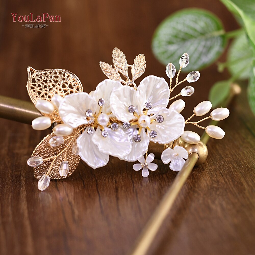 TOPQUEEN HP269 Flower Hair Clips Wedding Hair Stick Gold Leaves Flower Bridal Hair Accessories for Women Headpieces Bridal Tiara - Amazhona 