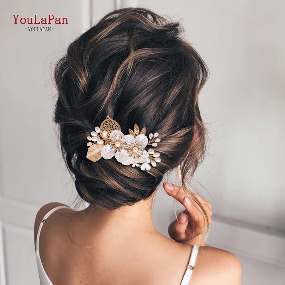 TOPQUEEN HP269 Flower Hair Clips Wedding Hair Stick Gold Leaves Flower Bridal Hair Accessories for Women Headpieces Bridal Tiara - Amazhona 