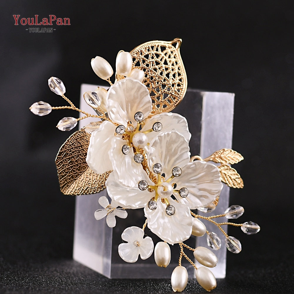 TOPQUEEN HP269 Flower Hair Clips Wedding Hair Stick Gold Leaves Flower Bridal Hair Accessories for Women Headpieces Bridal Tiara - Amazhona 