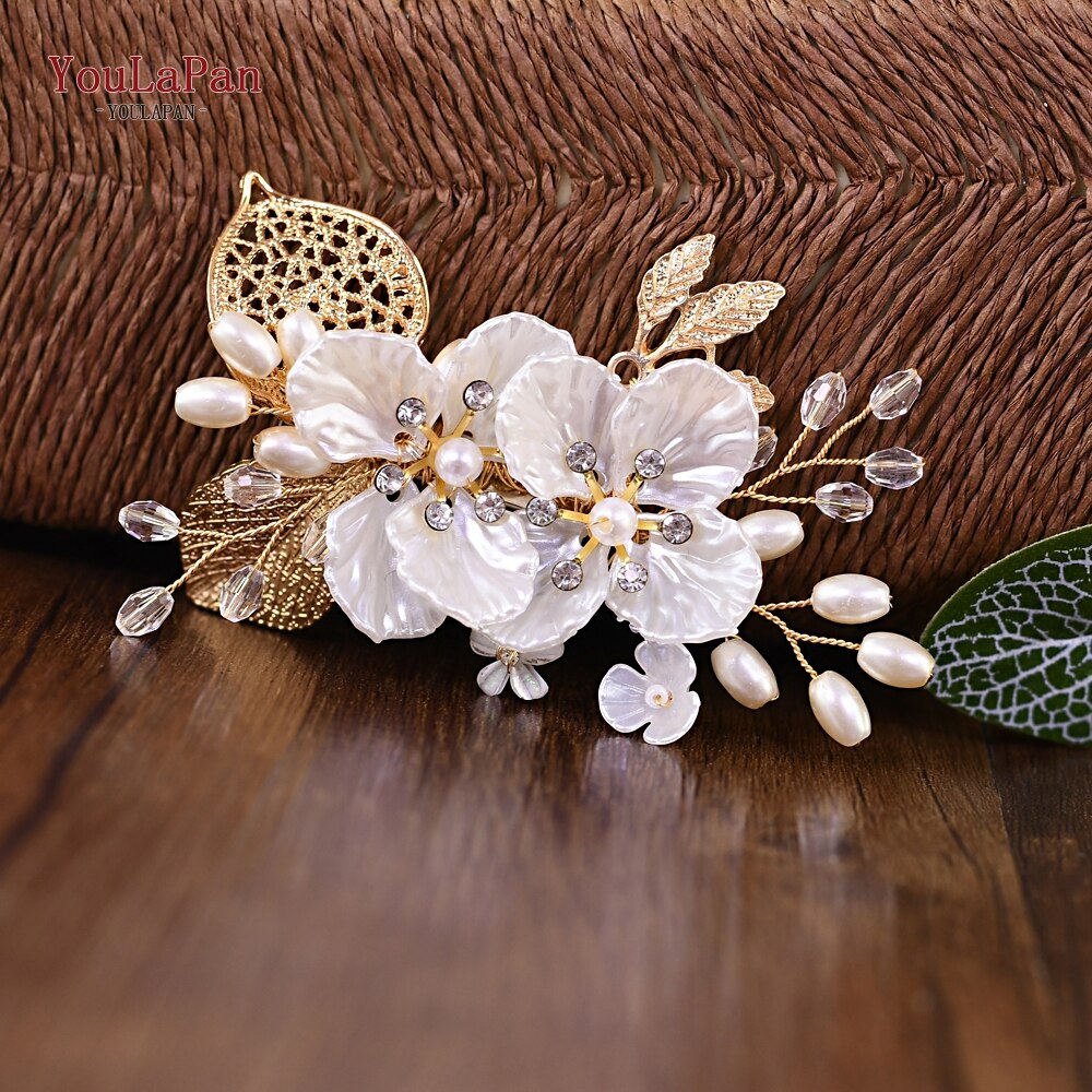 TOPQUEEN HP269 Flower Hair Clips Wedding Hair Stick Gold Leaves Flower Bridal Hair Accessories for Women Headpieces Bridal Tiara - Amazhona 