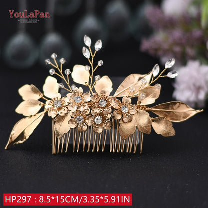 TOPQUEEN HP269 Flower Hair Clips Wedding Hair Stick Gold Leaves Flower Bridal Hair Accessories for Women Headpieces Bridal Tiara - Amazhona 