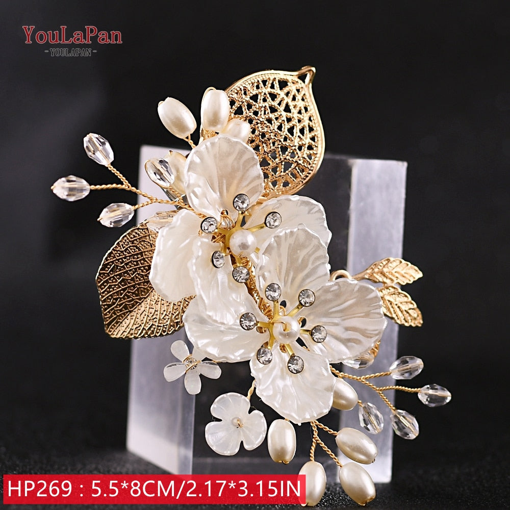 TOPQUEEN HP269 Flower Hair Clips Wedding Hair Stick Gold Leaves Flower Bridal Hair Accessories for Women Headpieces Bridal Tiara - Amazhona 