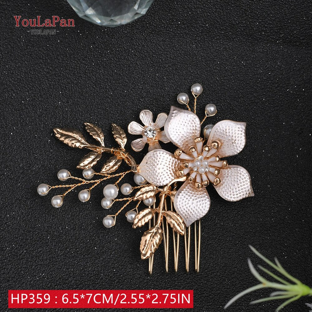 TOPQUEEN HP269 Flower Hair Clips Wedding Hair Stick Gold Leaves Flower Bridal Hair Accessories for Women Headpieces Bridal Tiara - Amazhona 