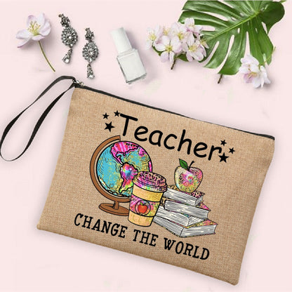 Teacher Change The World Print Women Neceser Makeup Bags  Linen Cosmetic Bag Zipper Pouch Travel Toiletry Organizer Teacher Gift - Amazhona 