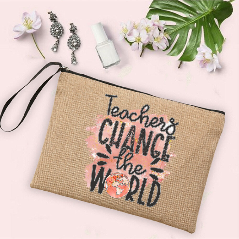 Teacher Change The World Print Women Neceser Makeup Bags  Linen Cosmetic Bag Zipper Pouch Travel Toiletry Organizer Teacher Gift - Amazhona 