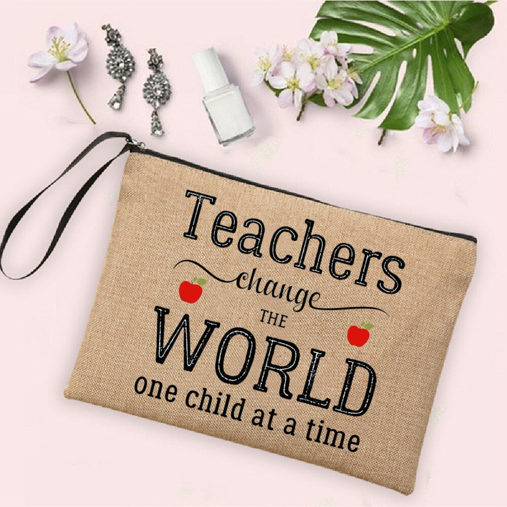 Teacher Change The World Print Women Neceser Makeup Bags  Linen Cosmetic Bag Zipper Pouch Travel Toiletry Organizer Teacher Gift - Amazhona 