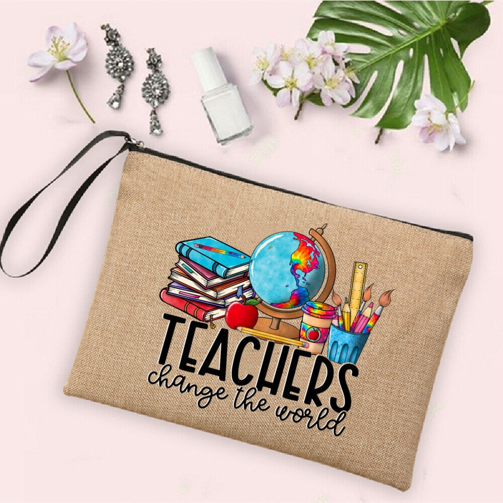 Teacher Change The World Print Women Neceser Makeup Bags  Linen Cosmetic Bag Zipper Pouch Travel Toiletry Organizer Teacher Gift - Amazhona 