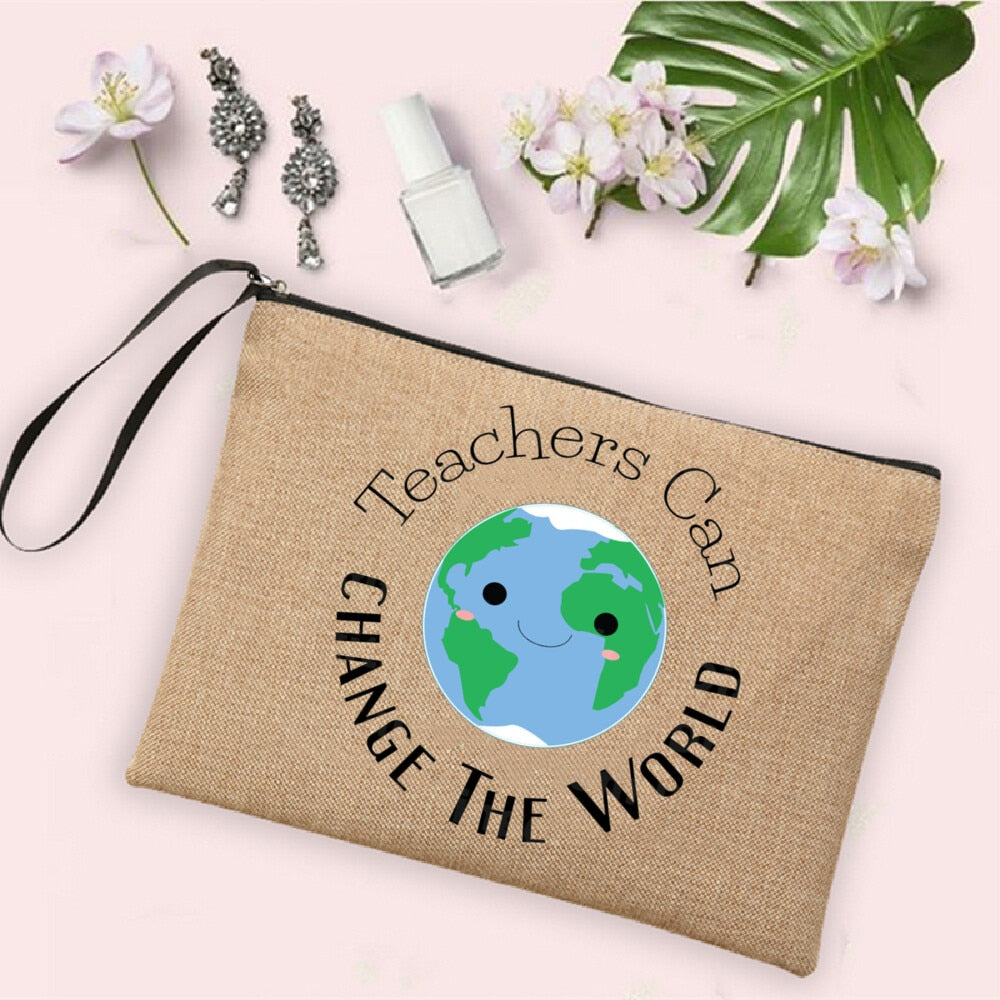 Teacher Change The World Print Women Neceser Makeup Bags  Linen Cosmetic Bag Zipper Pouch Travel Toiletry Organizer Teacher Gift - Amazhona 