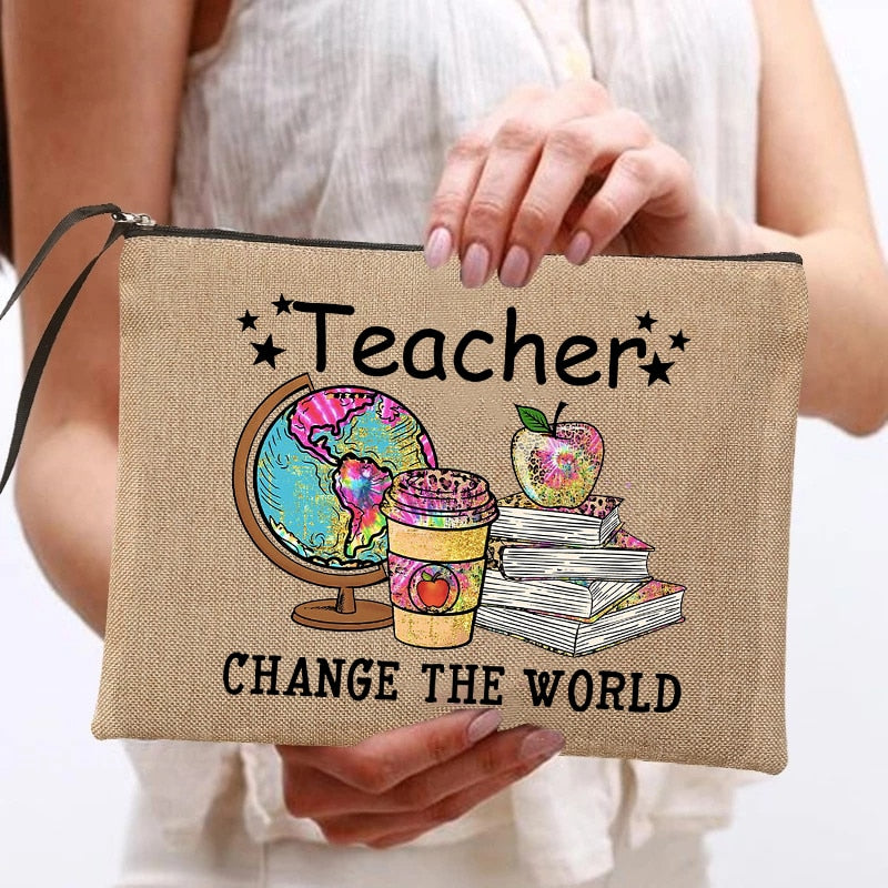 Teacher Change The World Print Women Neceser Makeup Bags  Linen Cosmetic Bag Zipper Pouch Travel Toiletry Organizer Teacher Gift - Amazhona 