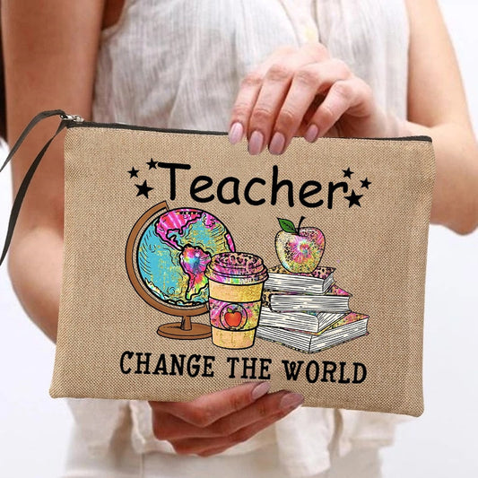 Teacher Change The World Print Women Neceser Makeup Bags  Linen Cosmetic Bag Zipper Pouch Travel Toiletry Organizer Teacher Gift - Amazhona 