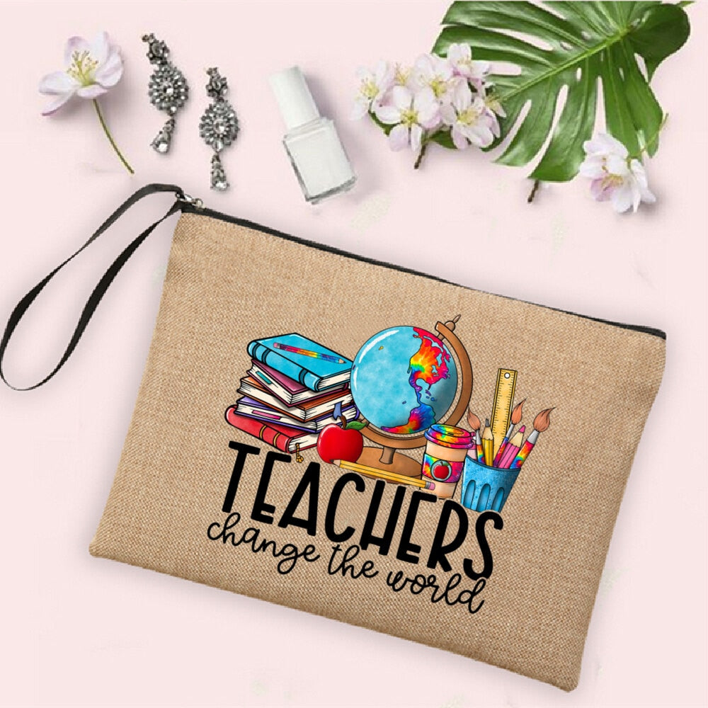 Teacher Change The World Print Women Neceser Makeup Bags  Linen Cosmetic Bag Zipper Pouch Travel Toiletry Organizer Teacher Gift - Amazhona 