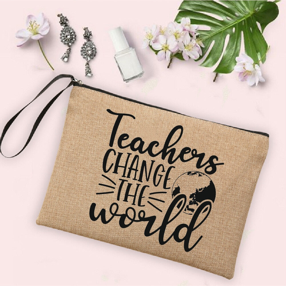 Teacher Change The World Print Women Neceser Makeup Bags  Linen Cosmetic Bag Zipper Pouch Travel Toiletry Organizer Teacher Gift - Amazhona 