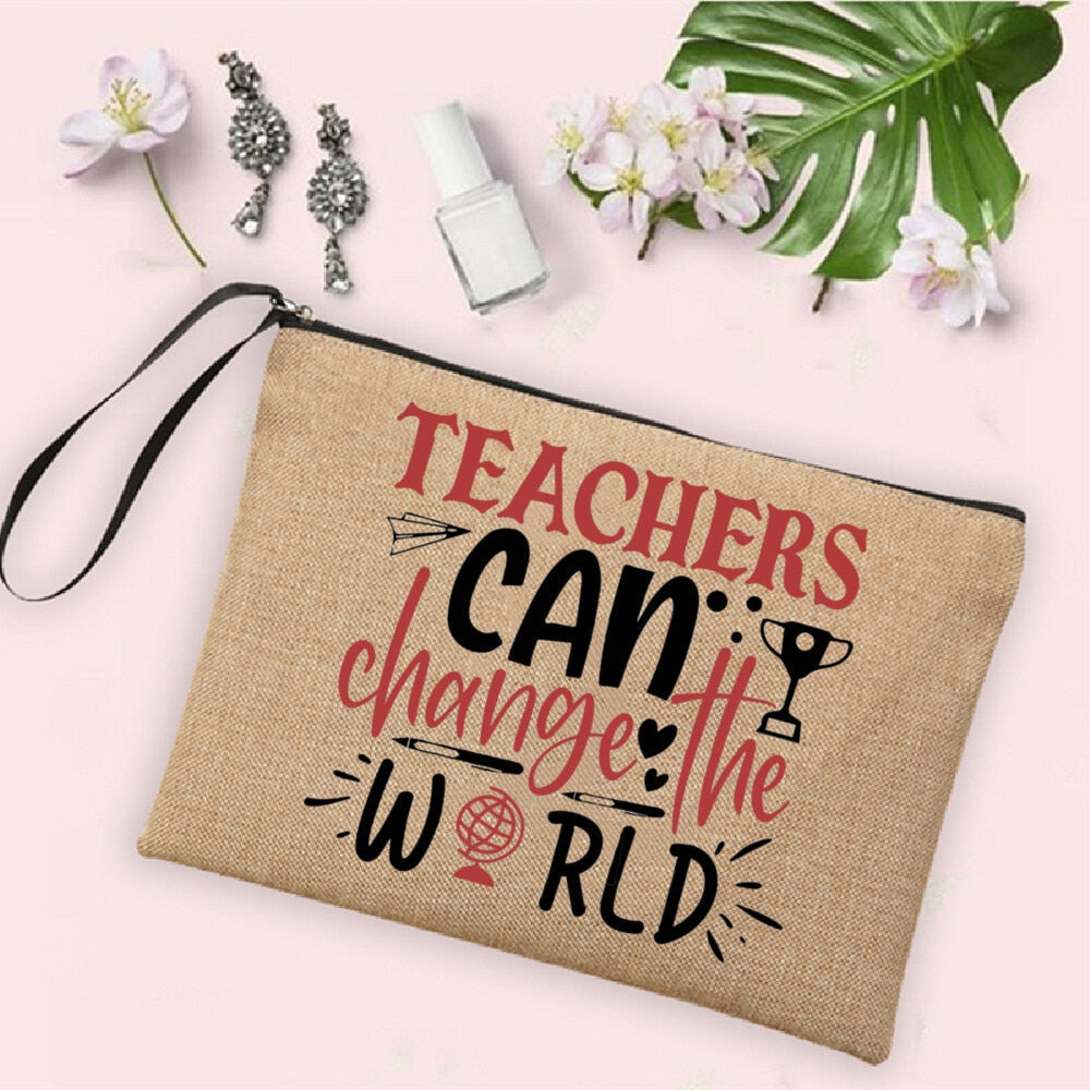 Teacher Change The World Print Women Neceser Makeup Bags  Linen Cosmetic Bag Zipper Pouch Travel Toiletry Organizer Teacher Gift - Amazhona 