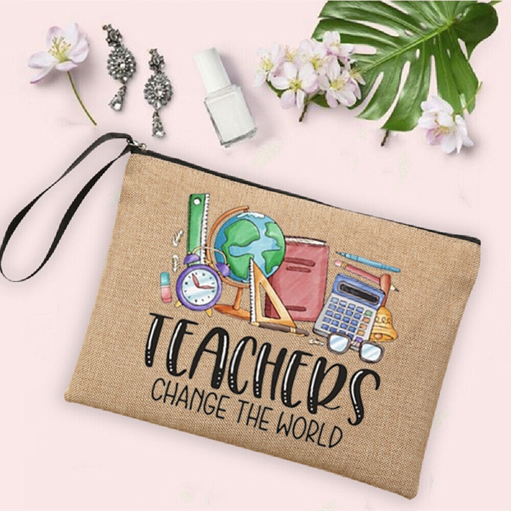 Teacher Change The World Print Women Neceser Makeup Bags  Linen Cosmetic Bag Zipper Pouch Travel Toiletry Organizer Teacher Gift - Amazhona 