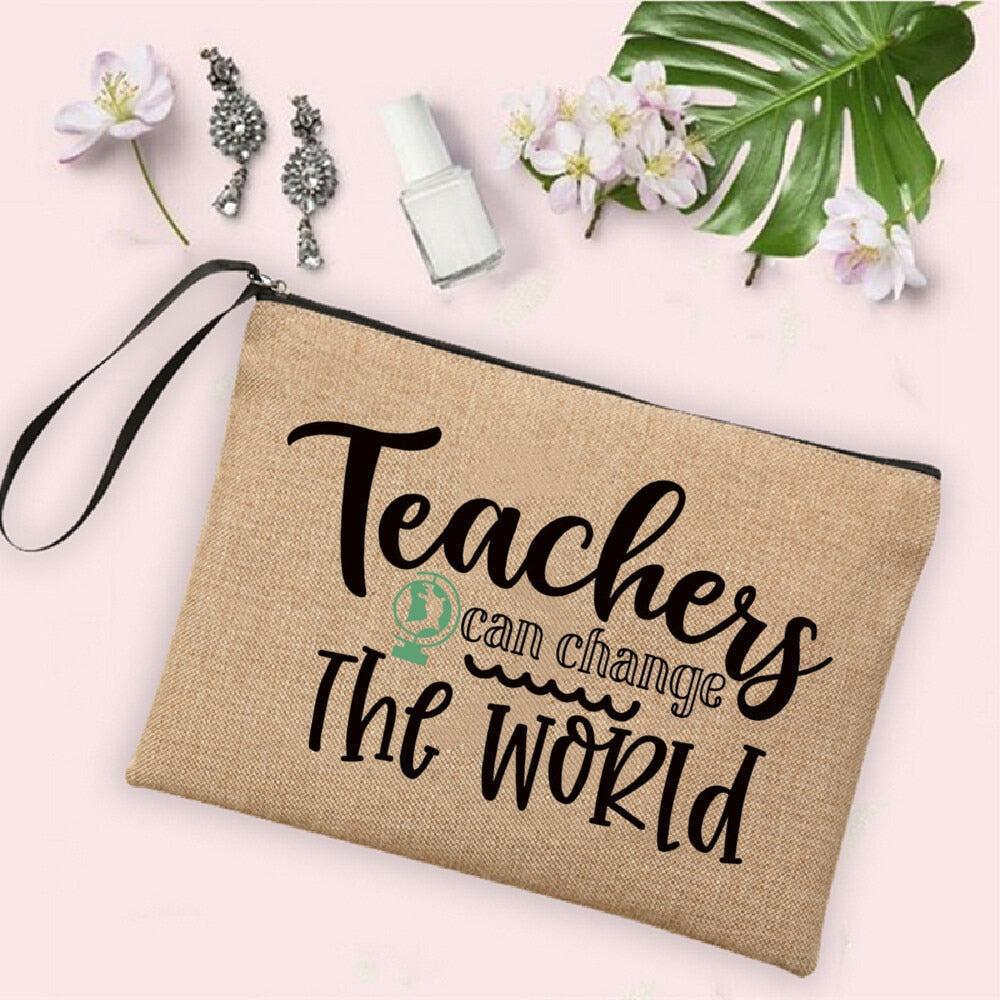 Teacher Change The World Print Women Neceser Makeup Bags  Linen Cosmetic Bag Zipper Pouch Travel Toiletry Organizer Teacher Gift - Amazhona 