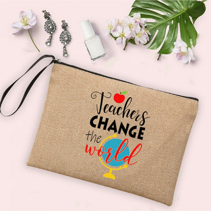 Teacher Change The World Print Women Neceser Makeup Bags  Linen Cosmetic Bag Zipper Pouch Travel Toiletry Organizer Teacher Gift - Amazhona 