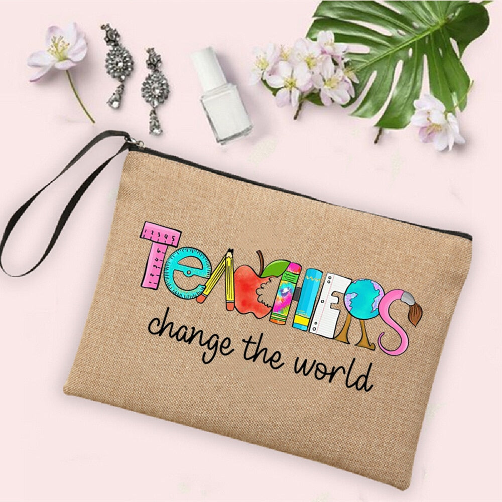 Teacher Change The World Print Women Neceser Makeup Bags  Linen Cosmetic Bag Zipper Pouch Travel Toiletry Organizer Teacher Gift - Amazhona 