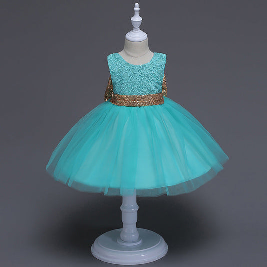 The summer and sequins big bow skirts and sleeveless dress baby child lace princess skirt dress - Amazhona 