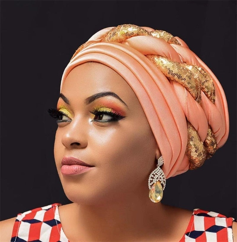 Turbans for Women Pleated Beanie Headwrap African Hat Arab Wrap Muslim Scarf Hijabs Hair Aso Oke Auto Gele Readymade to Wear - Amazhona 