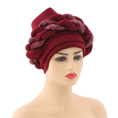 Turbans for Women Pleated Beanie Headwrap African Hat Arab Wrap Muslim Scarf Hijabs Hair Aso Oke Auto Gele Readymade to Wear - Amazhona 