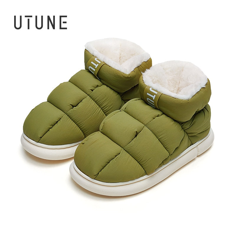 UTUNE High Top Women Ankle Slippers For Home Warm Plush Men's House Flats Anti-slip Platform Outside Splash-proof Snow Boots - Amazhona 