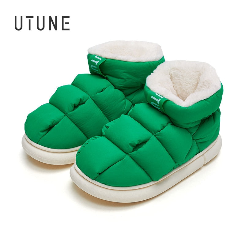 UTUNE High Top Women Ankle Slippers For Home Warm Plush Men's House Flats Anti-slip Platform Outside Splash-proof Snow Boots - Amazhona 