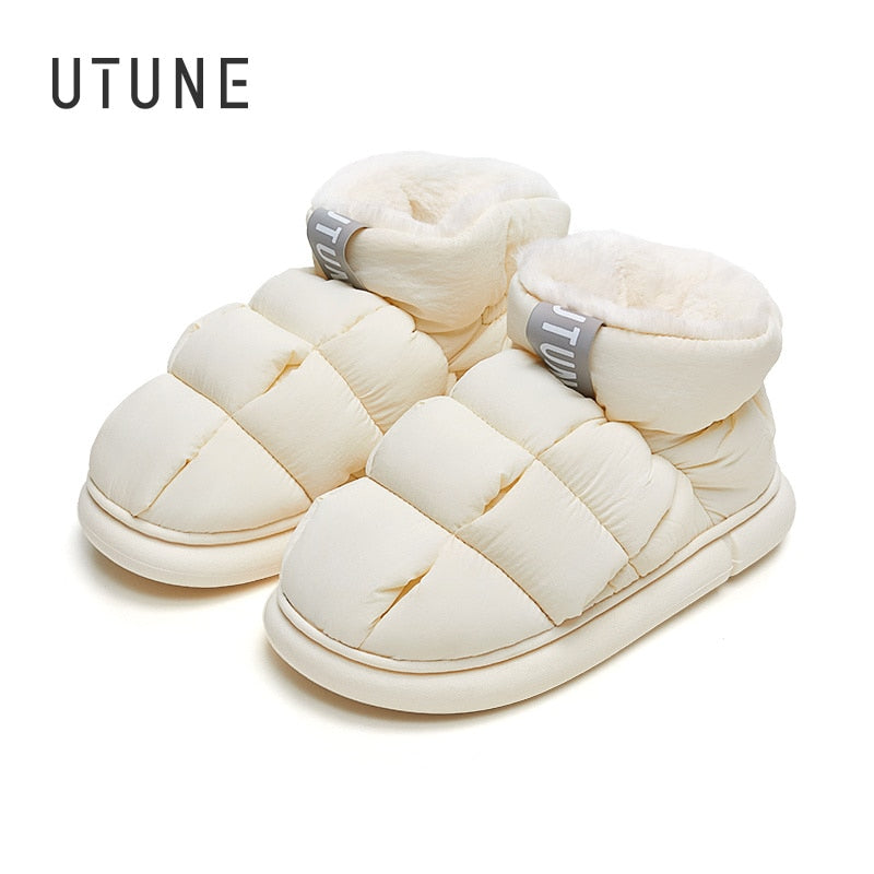 UTUNE High Top Women Ankle Slippers For Home Warm Plush Men's House Flats Anti-slip Platform Outside Splash-proof Snow Boots - Amazhona 