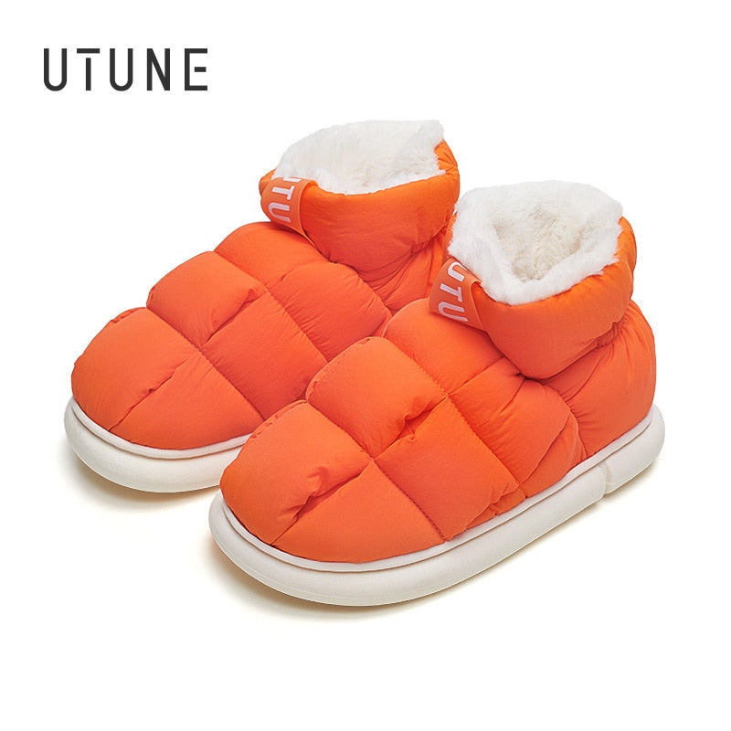 UTUNE High Top Women Ankle Slippers For Home Warm Plush Men's House Flats Anti-slip Platform Outside Splash-proof Snow Boots - Amazhona 