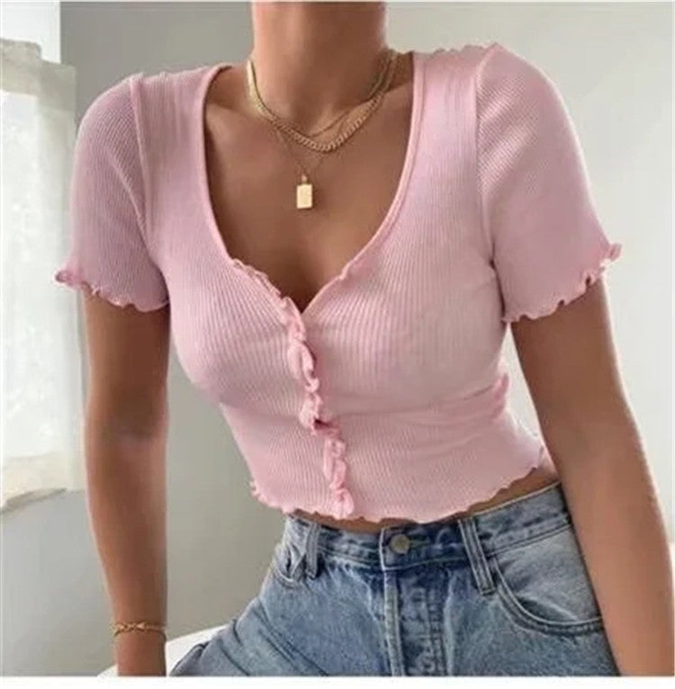 V Neck Ruffles Short Sleeve T Shirt Women Summer Casual Button Crop Top Basic Blue T Shirt Tops - Amazhona 