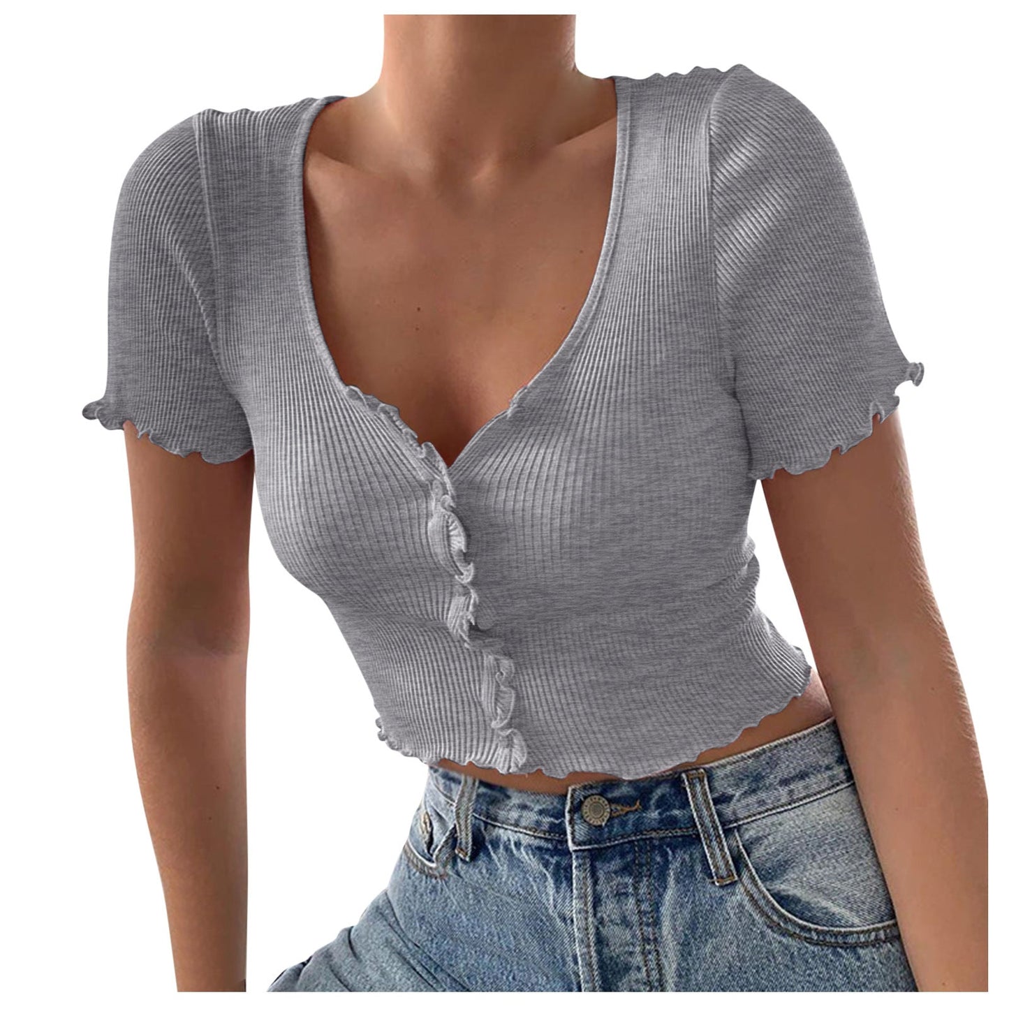 V Neck Ruffles Short Sleeve T Shirt Women Summer Casual Button Crop Top Basic Blue T Shirt Tops - Amazhona 