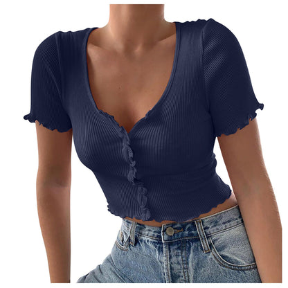 V Neck Ruffles Short Sleeve T Shirt Women Summer Casual Button Crop Top Basic Blue T Shirt Tops - Amazhona 