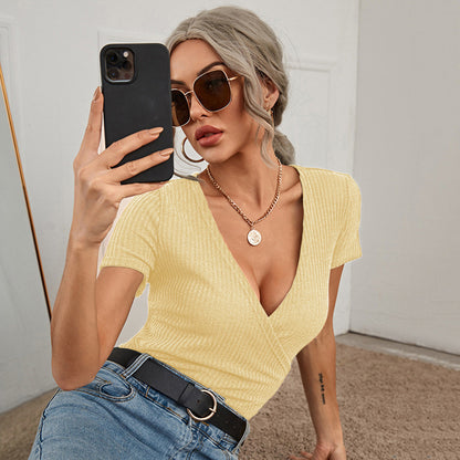 V-Neck Short-Sleeved T-Shirt Bottoming Top Slim Pullover Cropped Sweater - Amazhona 