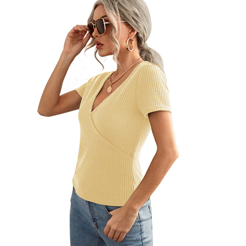 V-Neck Short-Sleeved T-Shirt Bottoming Top Slim Pullover Cropped Sweater - Amazhona 