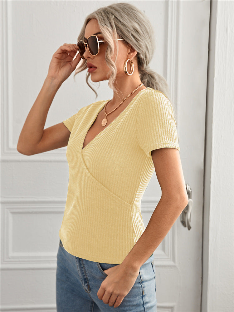 V-Neck Short-Sleeved T-Shirt Bottoming Top Slim Pullover Cropped Sweater - Amazhona 