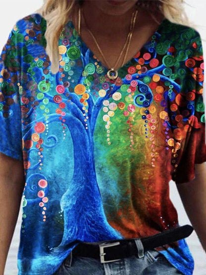 V-neck Abstract Painting Printed Short Sleeve - Amazhona 