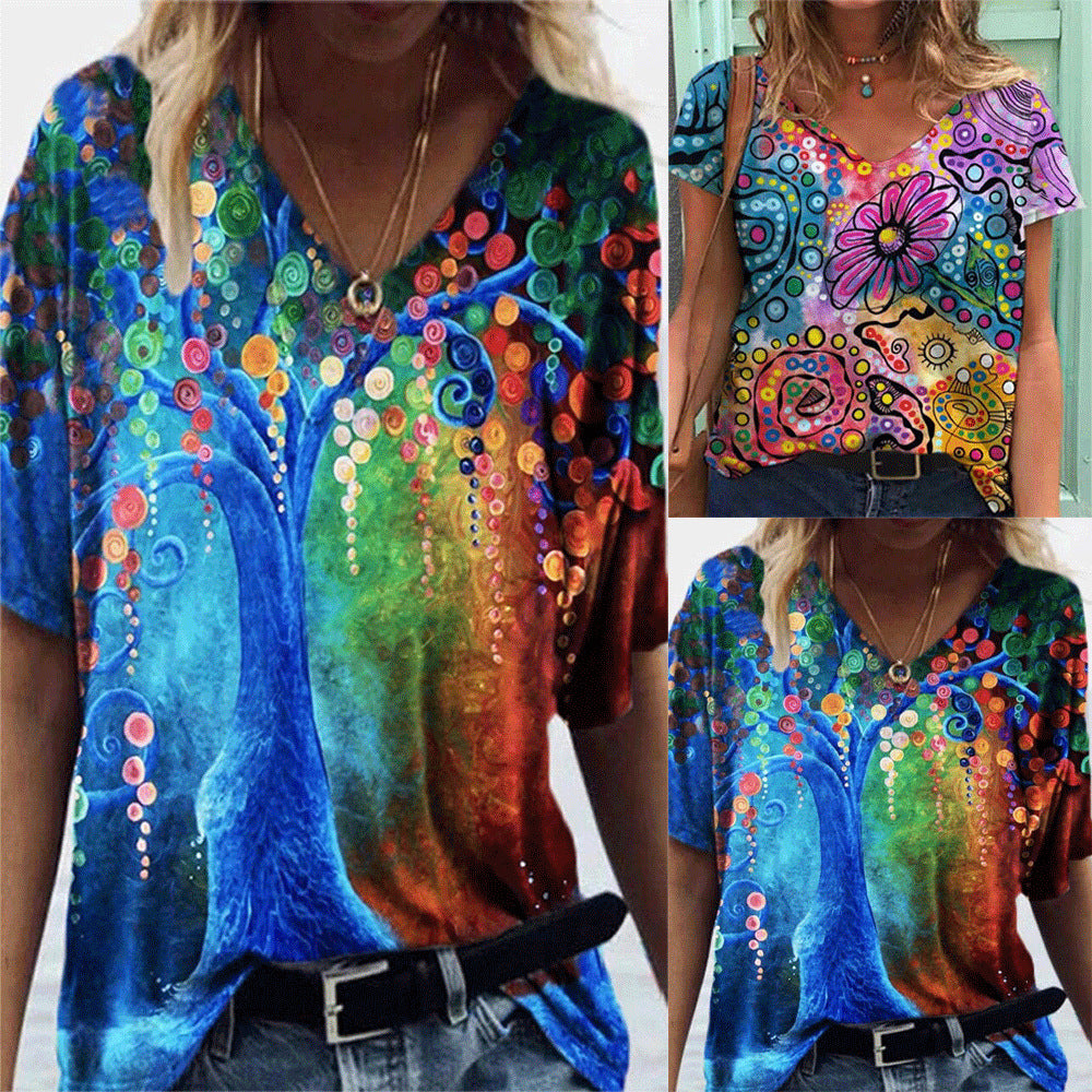 V-neck Abstract Painting Printed Short Sleeve - Amazhona 