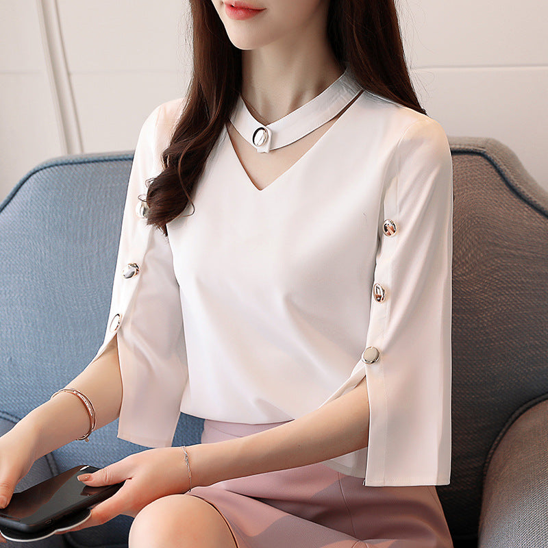 V-neck Chiffon Shirt Women's Slim Bottoming Shirt - Amazhona 